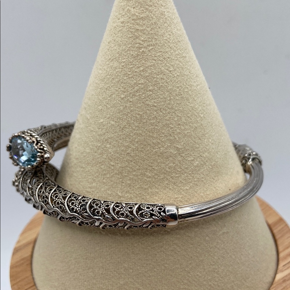 Ottoman Couture Sterling Silver 925 Filigree Bypass Cuff Bracelet Blue Topaz M - Picture 2 of 10